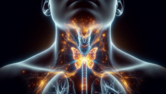 Illustration of thyroid gland at neck front, emitting energy for T3 and T4 hormones affecting metabolism and growth.