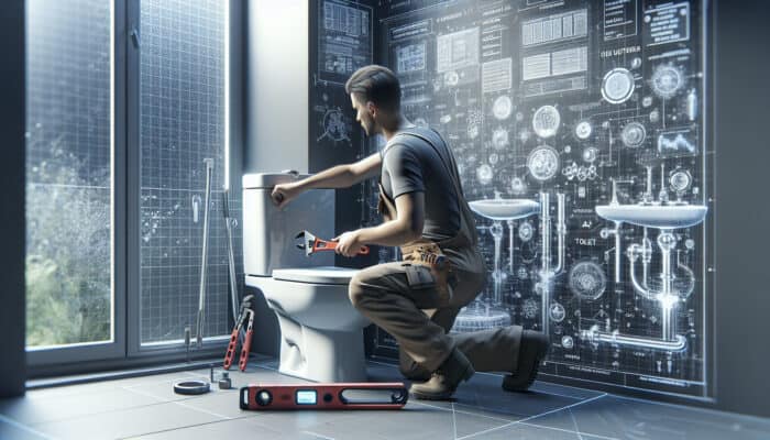 A professional plumber installing a high-quality toilet with precision tools in a modern bathroom.