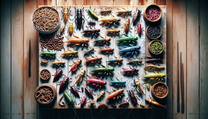 Edible Insects Guide: Colourful edible insects such as crickets, mealworms, and grasshoppers displayed on a rustic table, representing sustainable protein sources.