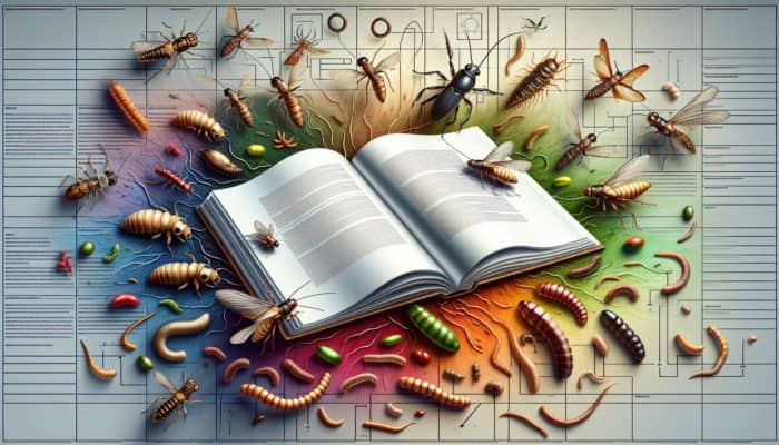 Illustration of edible insects including crickets, mealworms, and ants, featuring expert annotations and informative charts.