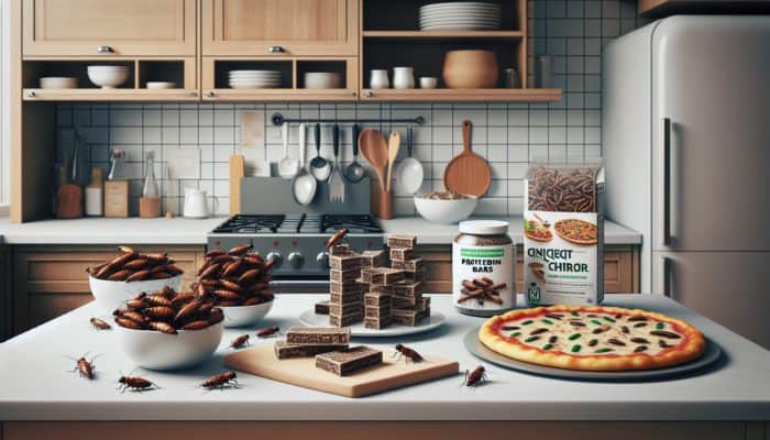 Modern kitchen scene featuring insect-based snacks and dishes like pasta and pizza with mealworms, illustrating insect integration into everyday meals.