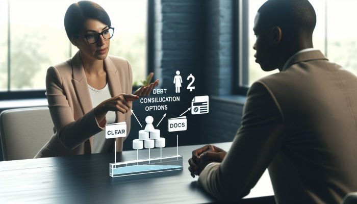 How to Avoid High Debt Consolidation Fees: UK Strategies | DCL Financial advisor showing debt consolidation options with minimal fees to a relieved client in a modern office.