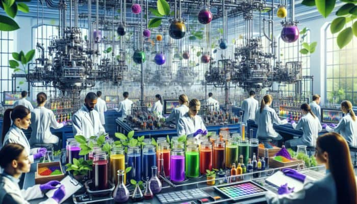 Scientists in lab using nanotechnology to refine vegan dyes, enhancing pigment dispersion on fabric with sustainable plant materials.