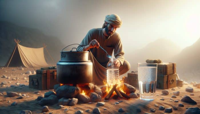 Homemade Survival Gear: A person boiling water over a campfire in the wilderness, with safe drinking water nearby.