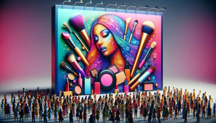 A digital billboard with a beauty influencer promoting Glossier, surrounded by diverse, engaged followers.