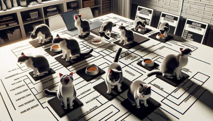 Territorial Behaviour in Multi-Cat Homes: Cats hissing and arching over food and space, displaying territorial aggression in a multi-cat home.