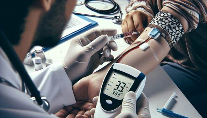 A healthcare professional conducting a diabetes blood test in Birmingham, showcasing glucose levels on a glucometer in a clinical environment.