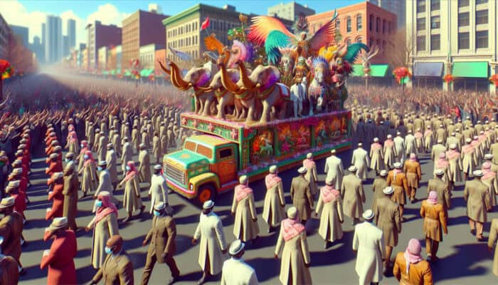 A vibrant holiday parade with organised floats and diverse animals like elephants and horses under a sunny sky.