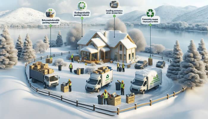 Winter Eco Trends in House Clearance: Winter house clearance using eco-friendly methods like biodegradable packing and energy-efficient trucks in a snowy landscape.