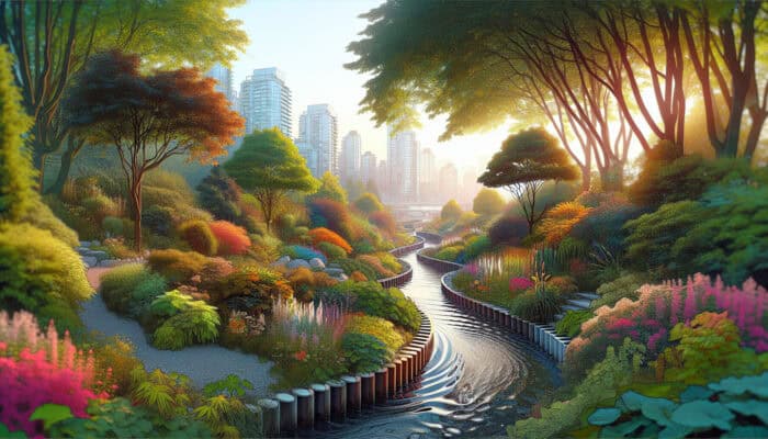 A tranquil West End Vancouver landscape featuring subtle drainage systems and flowing water amidst lush greenery and flowers.