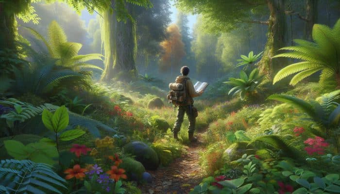 Plant Identification Safety: A person foraging in a forest, using a guidebook to identify edible plants, surrounded by diverse flora under a clear sky.