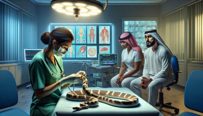 Veterinarian treating a pet's snake bite in clinic, with medical equipment and concerned owner.