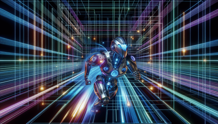 A futuristic robot navigating a grid of glowing URLs, symbolizing optimized SEO crawl budget with speed indicators.