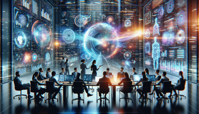 Futuristic digital workspace with experts collaborating around a holographic screen displaying AI algorithms and content strategies.