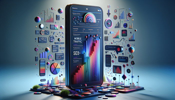 A smartphone displaying an optimised website with title tags, alongside graphs depicting mobile traffic and SEO performance.