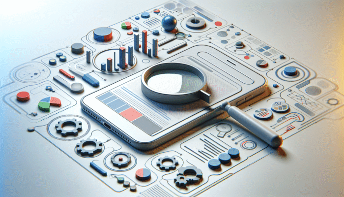 Smartphone displaying search results with optimised title tags, magnifying glasses, and graphs pertinent to mobile search optimisation.