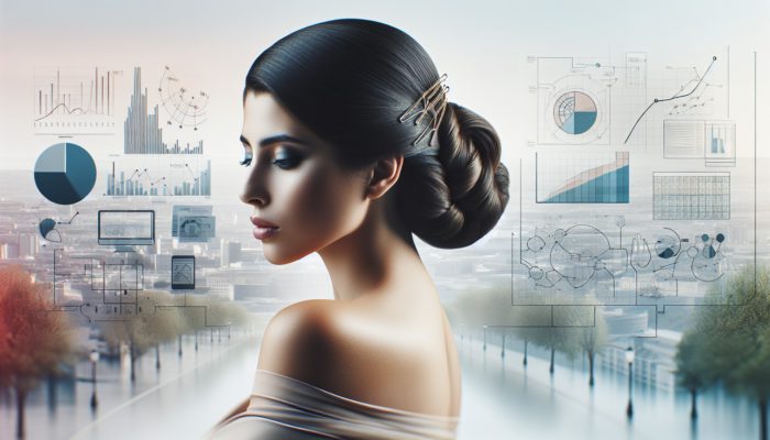 Elegant woman with a sleek French twist hairstyle, secured with hairpins, framing her face in a chic setting.