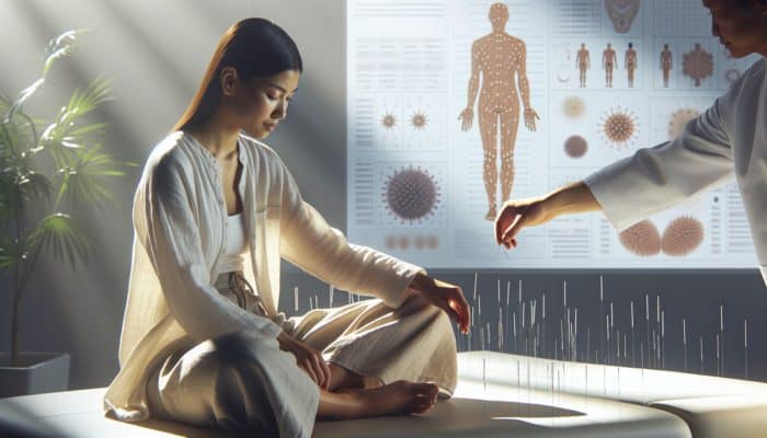 How to Relax During Acupuncture: A serene individual dressed in loose, comfortable attire during an acupuncture session with needles on accessible points.