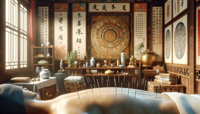 Acupuncture for Alcohol Dependency: A serene acupuncture session in a traditional Chinese setting with needles and symbols of Qi energy.