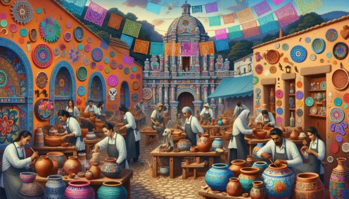 Artisans in San Miguel de Allende crafting pottery, blending indigenous and Spanish styles, amidst colorful festival decorations.