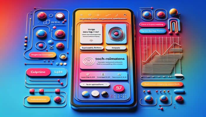 A smartphone displaying a vibrant website with large buttons, swipe menus, and touch-optimised forms on an abstract background.