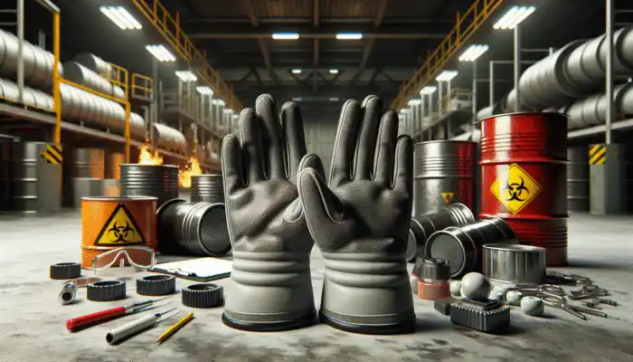 PVC Work Gloves Supplier in Newport: Durable PVC work gloves with textured grip, protecting hands from chemicals in an industrial setting.