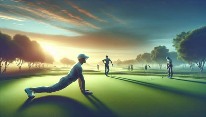 Golfer performing yoga stretches at dawn on a serene golf course, observed by distant expert coaches.