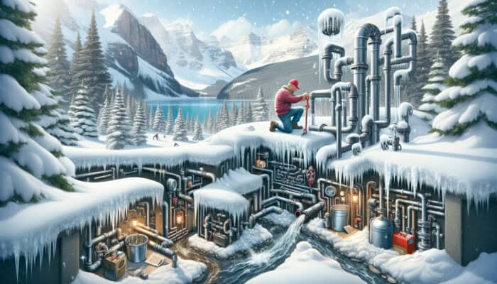 A winter scene in Whistler showing various plumbing issues including frozen pipes, low water pressure, blocked drains, leaking old pipes, a malfunctioning water heater, backflow problems, and grease-clogged restaurant plumbing.