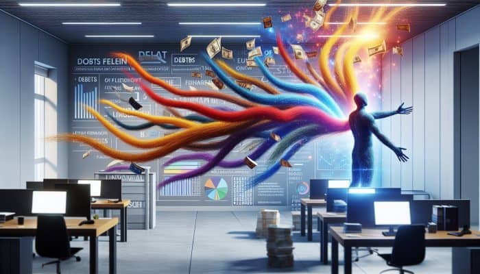 Strategies to Lower Debt Consolidation Interest in the UK | DCL Strategies to Lower Debt Consolidation Interest in the UK: A person feeling relieved as they consolidate debts into one loan, symbolized by merging colorful threads into a single golden thread in a modern financial office.