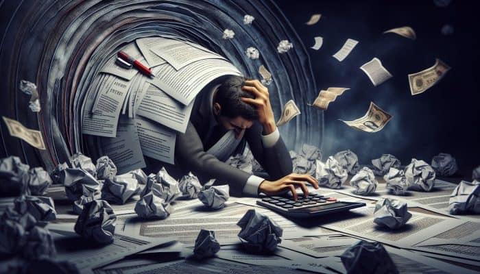 Strategies to Lower Debt Consolidation Interest in the UK | DCL Person overwhelmed by bills and paperwork, stressed by loan terms and hidden fees, with a looming debt cycle.