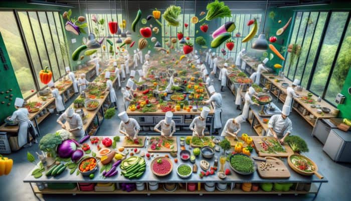 Chefs Creating Colourful Vegan Dishes in an Eco-Friendly Kitchen.