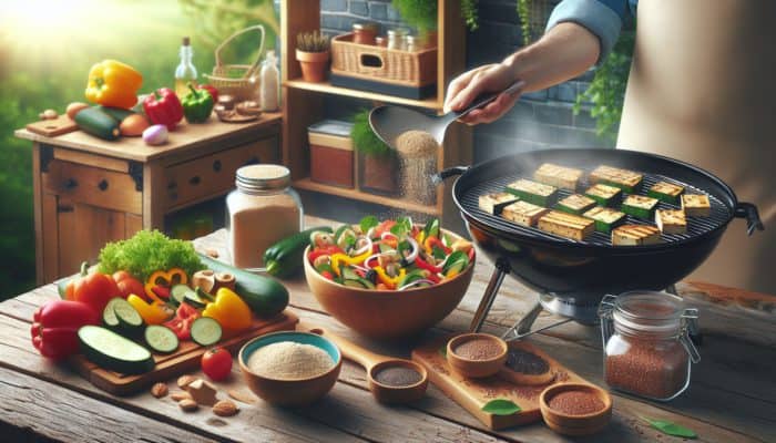 Marinated Tofu on the Grill, Nutritional Yeast on Salad, Flaxseeds and Chia Seeds in Jars.