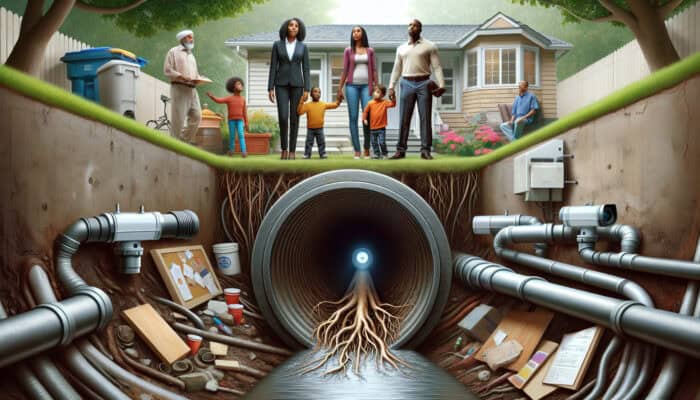 CCTV camera inspecting sewer pipe, revealing root intrusions, family relieved in the background, home secure.