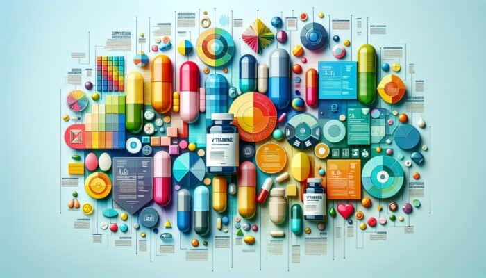 A vibrant infographic providing tips on creating supplement-centric content, showcasing vitamins and capsules.