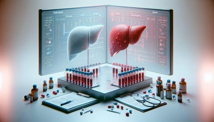 Liver Blood Test in Swanscombe: Visual representation of liver blood tests featuring vials, enzymes ALT and AST, along with comparisons of healthy and damaged liver in a clinical context.
