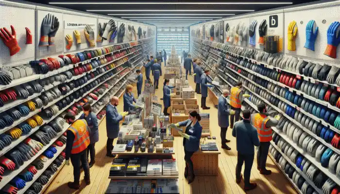 A London safety equipment store with various cut resistant gloves and staff assisting customers.