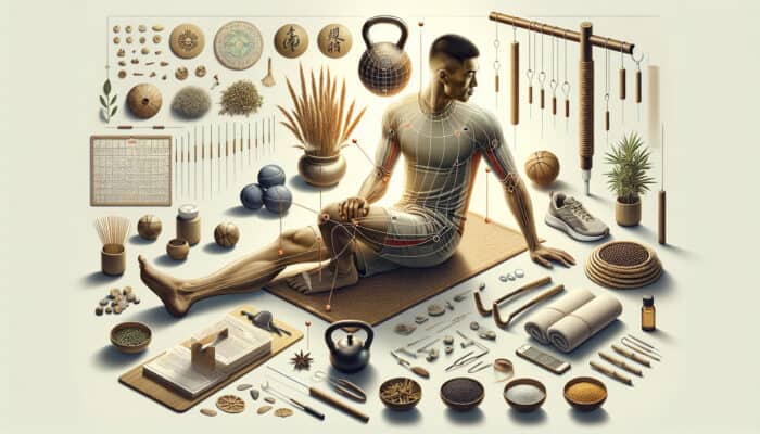 Acupuncture for Sports Injury Recovery: Athlete receiving acupuncture with needles and symbols of traditional Chinese medicine and sports equipment, illustrating healing.