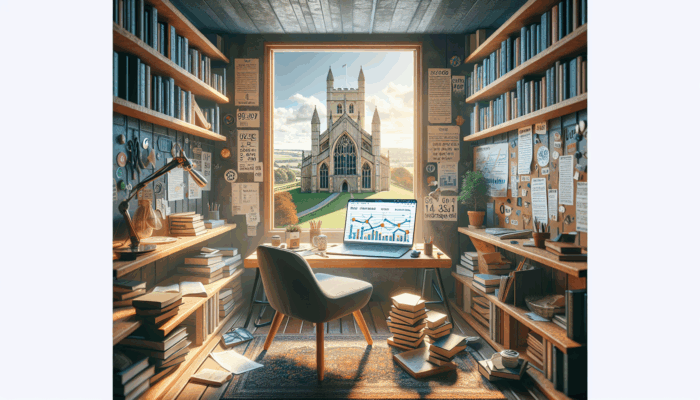 A small business owner's workspace in Exeter with SEO analytics on a laptop, books, notes, and a view of Exeter Cathedral.