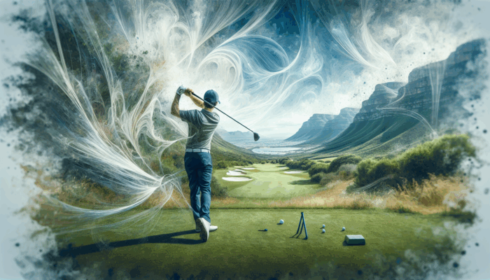 Best Golf Training Aids for Beginners: A beginner golfer using training aids on a scenic South African course, with Cape Winelands and Garden Route in background.