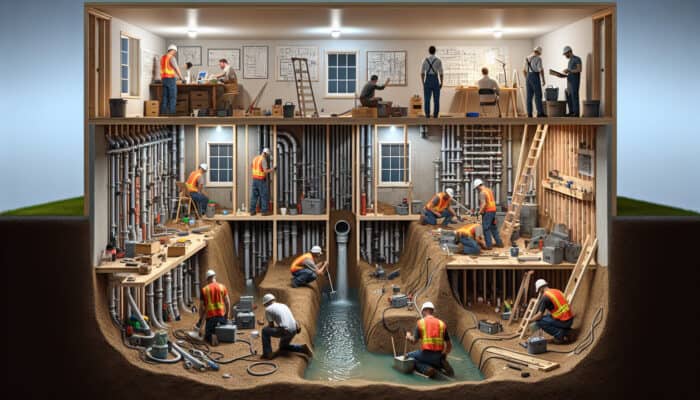 Installation of an interior drainage system with professionals assessing, excavating, and installing components over several days.