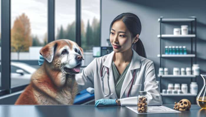 A vet examines a seven-year-old dog in a clinic, using charts and graphs to illustrate aging and care.