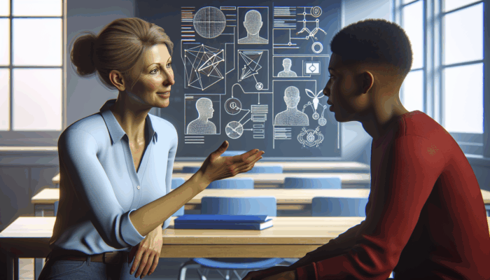 A student and instructor discussing their teaching styles in a bright classroom, surrounded by diagrams and friendly gestures.