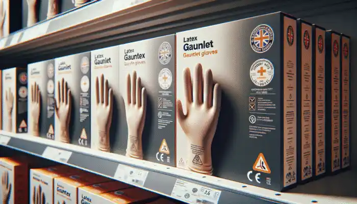 Close-up of high-quality latex gauntlet gloves on a Leicester shelf, displaying CE markings and British Standards symbols on packaging with soft lighting.