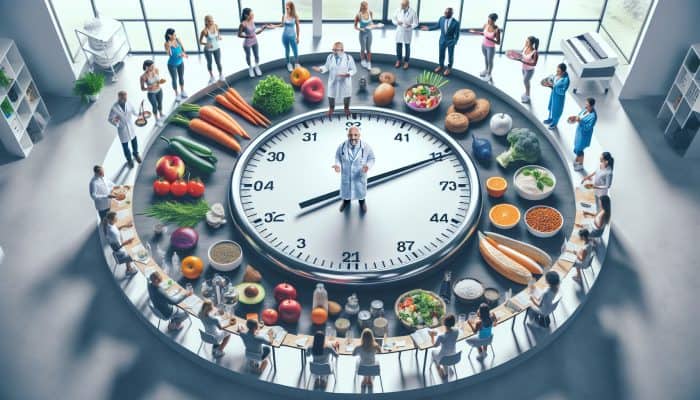 Diverse dietitians and health coaches guiding clients with personalised meal timing plans in a modern UK health center.
