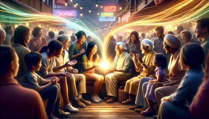 Engaging storytelling in supplement ads: Diverse individuals sharing heartfelt stories around glowing products in a vibrant marketplace, with light threads weaving trust and brand loyalty.