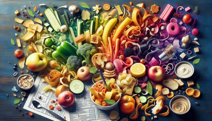 Vibrant kitchen scene with food scraps converted into delectable upcycled dishes.