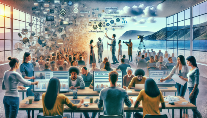 A diverse team in a busy Ilfracombe video studio reviews client feedback on screens, refining footage with survey insights.