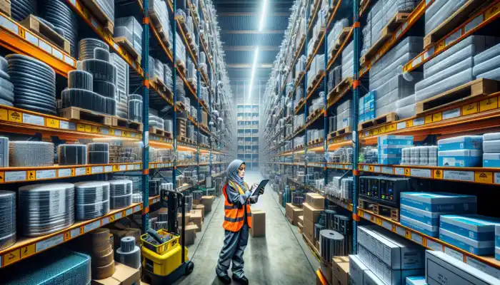 Bustling Sheffield warehouse with stacked PVC work gloves; worker in safety gear uses tablet to order, amid machinery and signs.