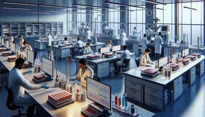 Scientists in a high-tech UK lab analyzing blood samples for testosterone using immunoassays and mass spectrometry, with monitors displaying gender-specific thresholds.