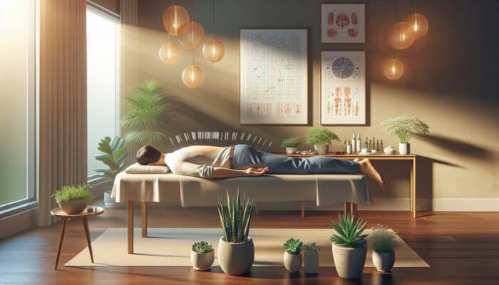 A relaxed patient receiving acupuncture in a cozy Bristol clinic, with needles in their back, soft lighting, plants, and aromatherapy for stress relief.